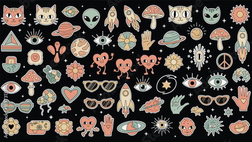 Large collection of retro style stickers featuring whimsical icons like cats, aliens, mushrooms, hearts, and planetary bodies.