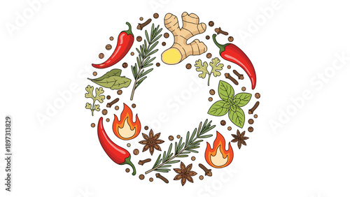Spicy ingredients like chili peppers and ginger roots are arranged in a circular wreath pattern with fire icons to denote heat.