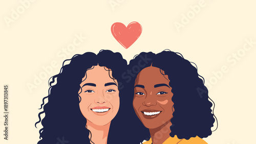 Two beautiful women with curly dark hair and different skin tones smiling warmly together under a small red heart symbol.