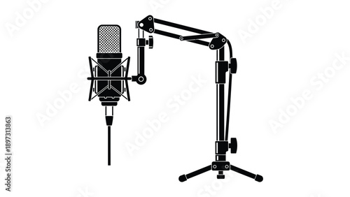 Professional microphone setup with stand on white background for recording studio