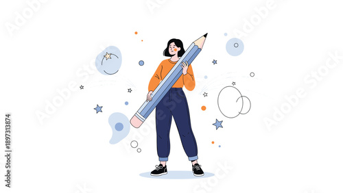 Imaginative scene of a young woman standing and holding a giant pencil as stars and creative doodles swirl all around her.
