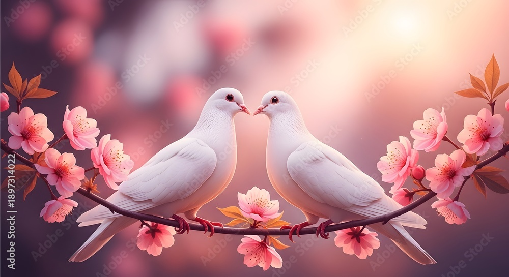 Fototapeta premium Two white doves perched on a blooming cherry blossom branch