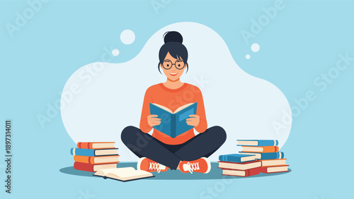 Student girl wearing glasses and a red sweater sits cross-legged while reading an open book amidst piles of educational texts.