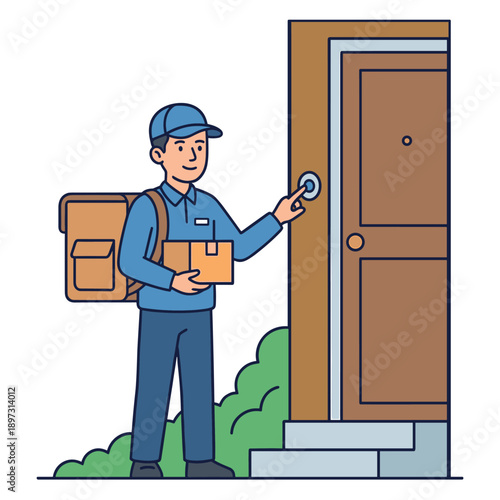 A delivery person is ringing the doorbell of a house to deliver a package