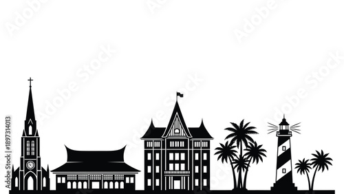 Black and white illustration of buildings with lighthouse and palm trees
