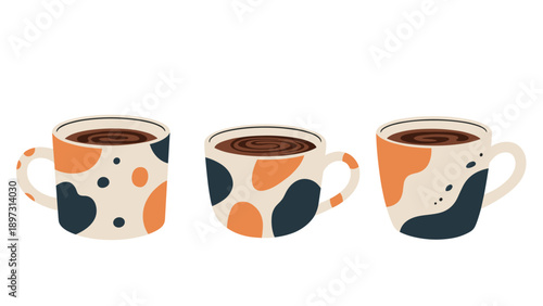 Three ceramic coffee mugs decorated with artistic abstract patterns in shades of navy blue, orange, and cream on a white base.