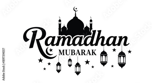 Ramadhan mubarak greeting with mosque silhouette and lanterns