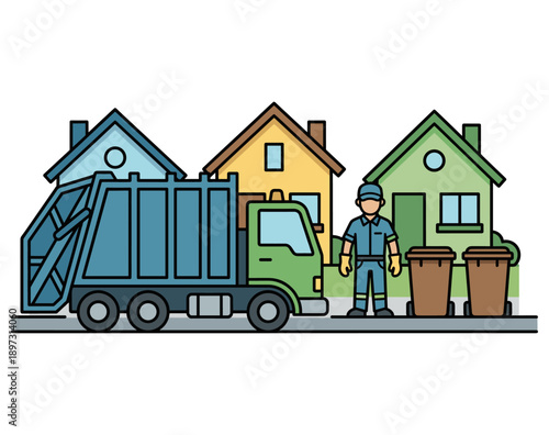 A illustration depicting a garbage truck collecting waste from residential houses, with a worker standing nearby. The scene represents waste management and community services.