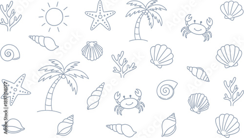Charming Hand-Drawn Coastal Collection Seashells, Starfish, Palm Trees, and Crabs for Summer Vibes