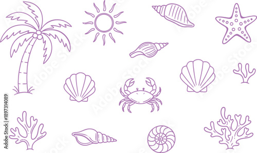 Hand-drawn vector outline set of summer beach and sea elements. Features seashells, starfish, palm tree, sun, crab, and coral for vacation designs