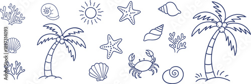 Hand-drawn minimalist collection of summer beach vacation elements including seashells, palm trees, starfish, and a crab, ideal for tropical design projects