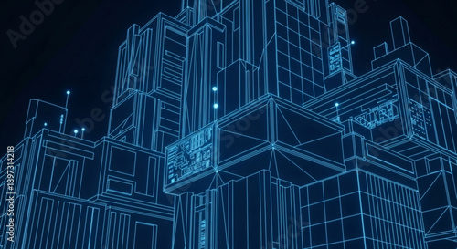 A futuristic blue wireframe 3d architectural rendering of a modern cityscape building complex at night with sleek lines and geometric shapes