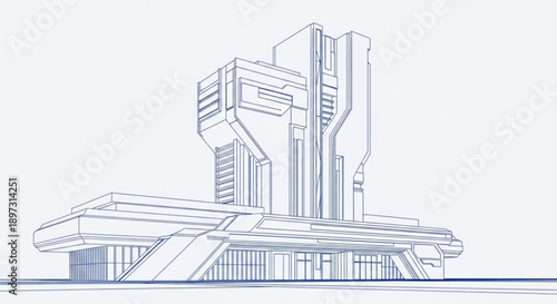 A futuristic architectural drawing of a modern building with sleek lines and minimalist design elements on a light blue background