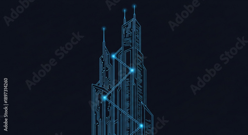 A futuristic blue line drawing of a tall building with glowing dots on a dark background