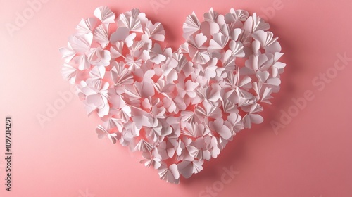 Charming pink heart made of paper flowers on pastel background
