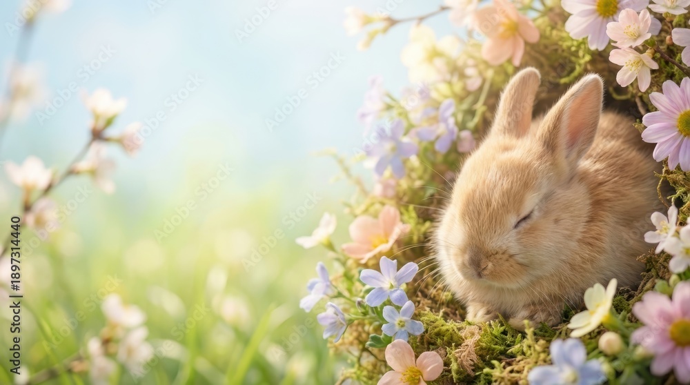 Fototapeta premium Happy easter celebration 2026 wicker basket with pastel eggs in blooming flowers april joyful concept