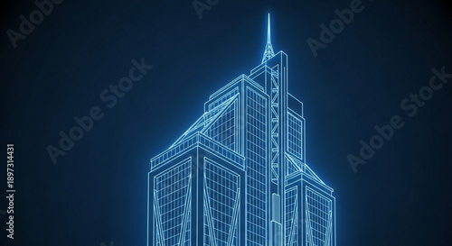 A futuristic blue wireframe skyscraper with a pointed spire against a dark background