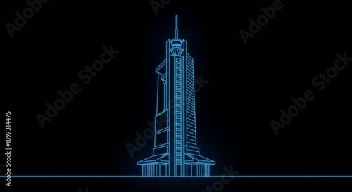 A futuristic blue neon lit skyscraper building design on a with sleek lines and modern architecture style