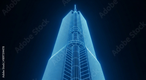 A futuristic skyscraper with a unique design and blue neon lighting at night dark background