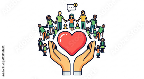 Diverse community coming together to show care and support for one another with a heart symbol