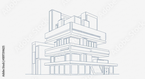 A detailed architectural line drawing of a modern multistory building with balconies and large windows on each floor