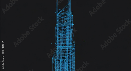 A blue wireframe architectural drawing of a tall building on a with a white base
