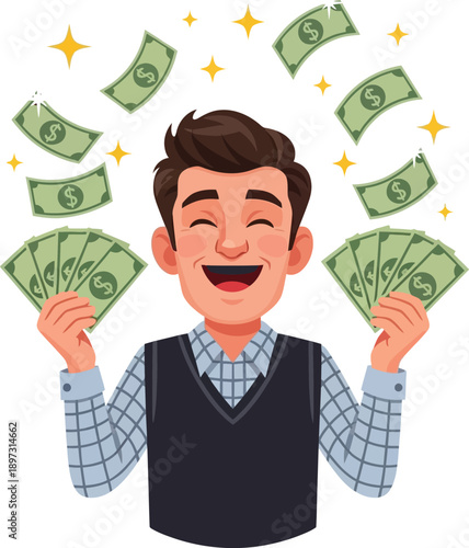 Happy man with closed eyes holding money with golden stars on transparency background
