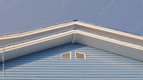 Canvas Print A low-angle architectural shot showcases the clean lines of a blue wooden house