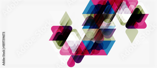 Abstract geometric shapes overlap, creating vibrant color blends. Minimalist design with translucent elements, modern aesthetic.