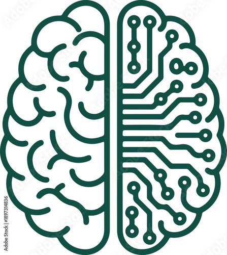 Stylized dark green brain icon representing neural nodes and computer motherboard