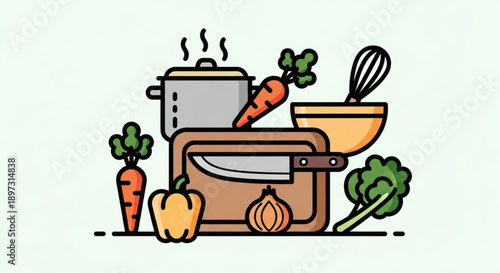 Kitchen utensils and fresh vegetables arranged on a wooden cutting board
