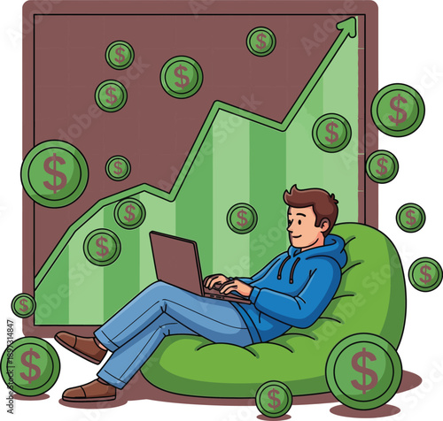 Young man using laptop for freelance work while sitting on green soft bean bag