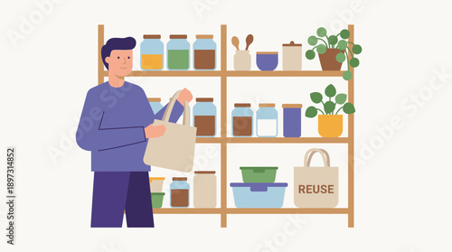 Reusable bag zero waste shopping vector man scene for sustainable store activity flat design isolated on white background