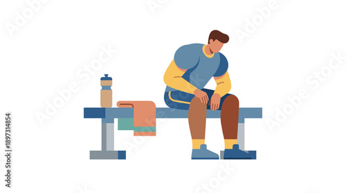 Tired athlete resting on bench vector man scene for workout recovery moment flat design isolated on white background