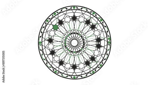 Intricate Astrological Chart with Green Accents in Detailed Illustration Style with Black and White Color Scheme for Esoteric Design