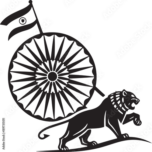 India Ashoka Chakra Silhouette Vector Icon, Minimal Black National Symbol, Clean Outline Wheel Emblem Design for Branding Crafts Print