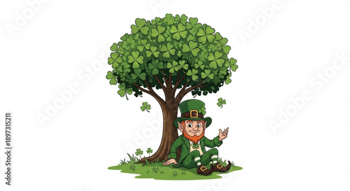 Smiling leprechaun sitting under a lush green tree with shamrocks wearing a green coat and hat symbolizing good luck and fortune