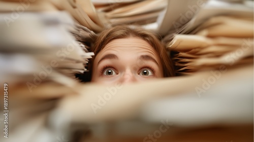 Overwhelmed by Paperwork. Overwhelmed office worker surrounded by a chaotic mountain of paperwork in a cluttered workspace during a busy workday