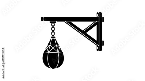A black punching bag hanging from a metal bracket on a white background