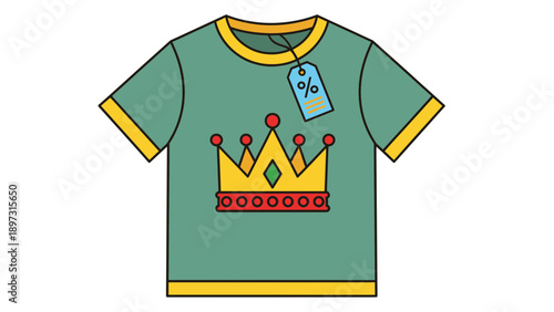 A green t-shirt with a yellow crown and discount tag attached