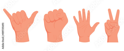 Collection of human hand gestures including shaka sign fist and peace sign vector illustration.