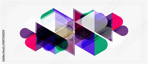 Abstract geometric shapes overlap, creating vibrant color blends. Composition features purples, pinks, greens, translucent layers. Modern design.