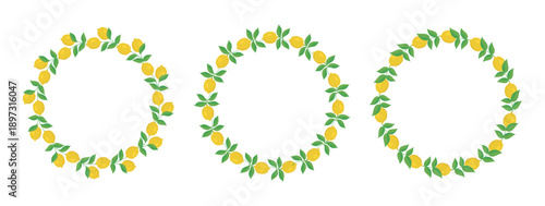 Set of decorative lemon frames and borders. Round fruit frames for invitations, cards, menus, and recipes. Isolated vector illustration.