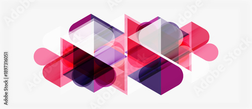 Abstract geometric composition. Overlapping shapes create dynamic visual effect. Pink, purple hues dominate design. Modern, minimalist style.
