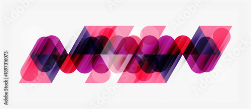 Abstract design features overlapping translucent shapes. Pink, purple hues create dynamic visual effect. Modern, minimalist composition.