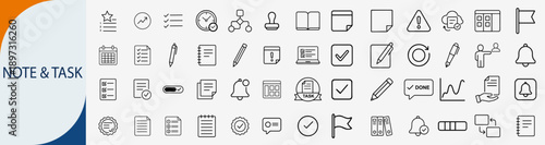 Note and task icons set, line symbols for office management document checklist schedule and productivity vector illustration