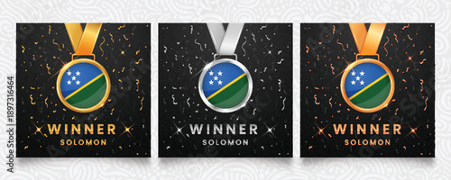 Premium Solomon Islands winner set featuring gold, silver, and bronze medals with the national flag design, displayed on a dark background with festive confetti and sparkling highlights
