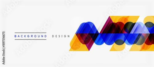 Abstract geometric shapes overlap creating vibrant visual effect. Modern design elements suggest innovation, energy, dynamism. Clean white background enhances color contrast.