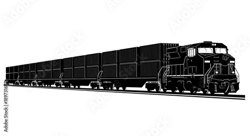 Freight train traveling along railway tracks with cargo cars