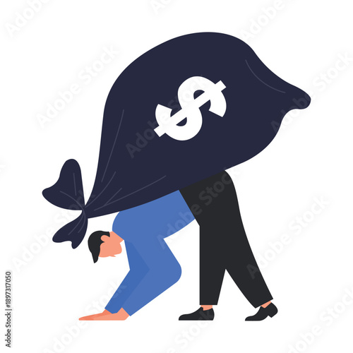 Man carrying a giant money bag concept of, debt, financial crise, bankruptcy vector illustration.